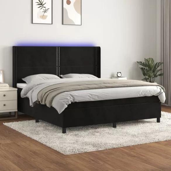 fekete bársony rugós és LED-es ágy matraccal 160x200 cm