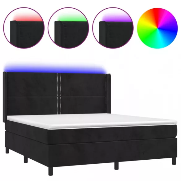 fekete bársony rugós és LED-es ágy matraccal 160x200 cm