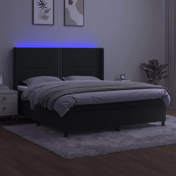 fekete bársony rugós és LED-es ágy matraccal 160x200 cm