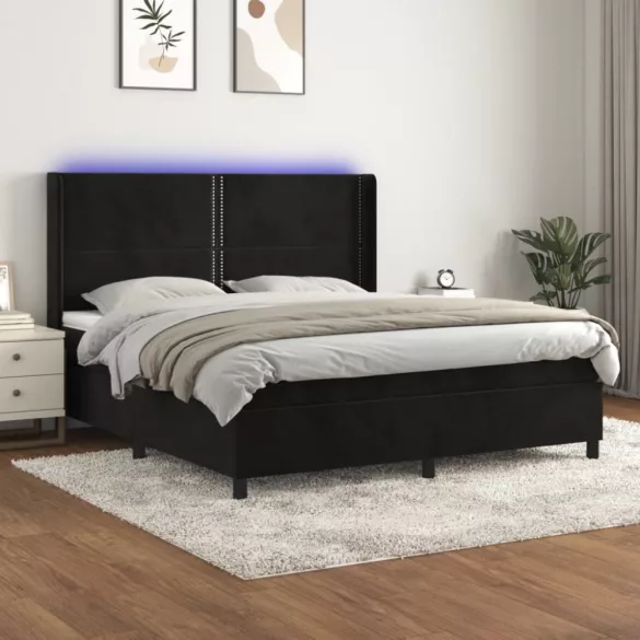 fekete bársony rugós és LED-es ágy matraccal 180x200 cm