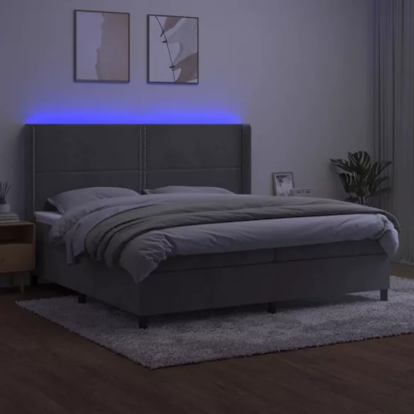 világosszürke bársony rugós és LED-es ágy matraccal 200x200 cm