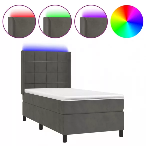 sötétszürke bársony rugós és LED-es ágy matraccal 80 x 200 cm