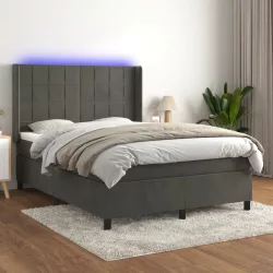   sötétszürke bársony rugós és LED-es ágy matraccal 140x190 cm