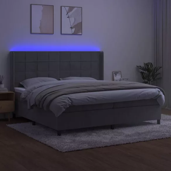 világosszürke bársony rugós és LED-es ágy matraccal 200x200 cm