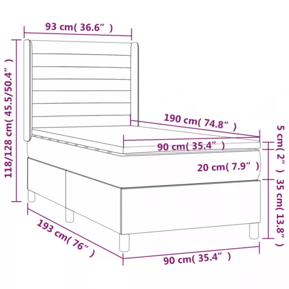 fekete bársony rugós és LED-es ágy matraccal 90x190 cm