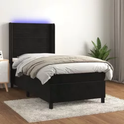 fekete bársony rugós és LED-es ágy matraccal 90x200 cm