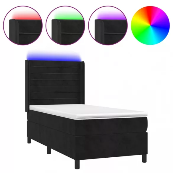 fekete bársony rugós és LED-es ágy matraccal 90x200 cm