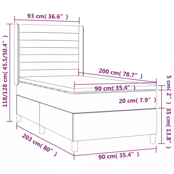 fekete bársony rugós és LED-es ágy matraccal 90x200 cm