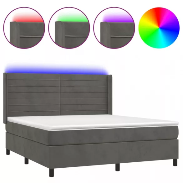 sötétszürke bársony rugós és LED-es ágy matraccal 180x200 cm