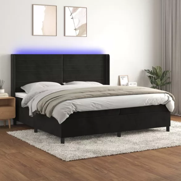 fekete bársony rugós és LED-es ágy matraccal 200x200 cm
