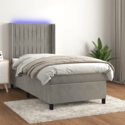   világosszürke bársony rugós és LED-es ágy matraccal 90x190 cm