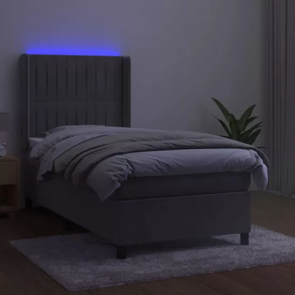 világosszürke bársony rugós és LED-es ágy matraccal 90x190 cm