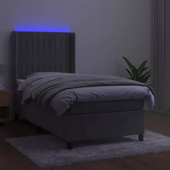 világosszürke bársony rugós és LED-es ágy matraccal 100x200 cm