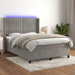   világosszürke bársony rugós és LED-es ágy matraccal 140x190 cm