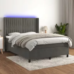   sötétszürke bársony rugós és LED-es ágy matraccal 140x200 cm