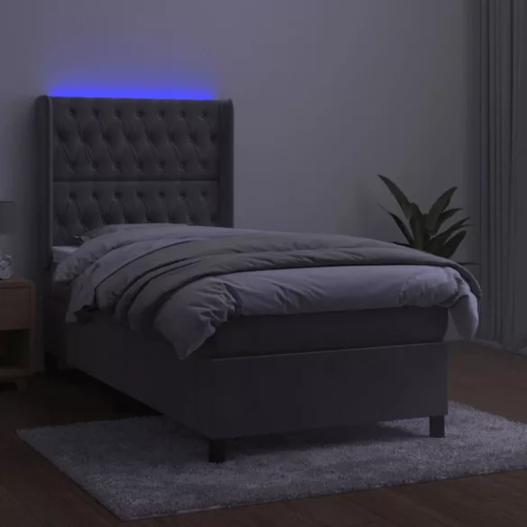 világosszürke bársony rugós és LED-es ágy matraccal 90x190 cm