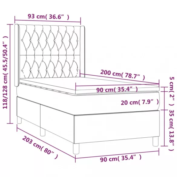 sötétszürke bársony rugós és LED-es ágy matraccal 90x200 cm