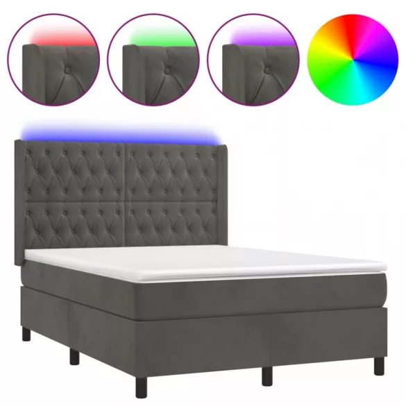 sötétszürke bársony rugós és LED-es ágy matraccal 140x200 cm