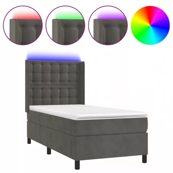 sötétszürke bársony rugós és LED-es ágy matraccal 90x200 cm