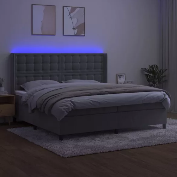 világosszürke bársony rugós és LED-es ágy matraccal 200x200 cm