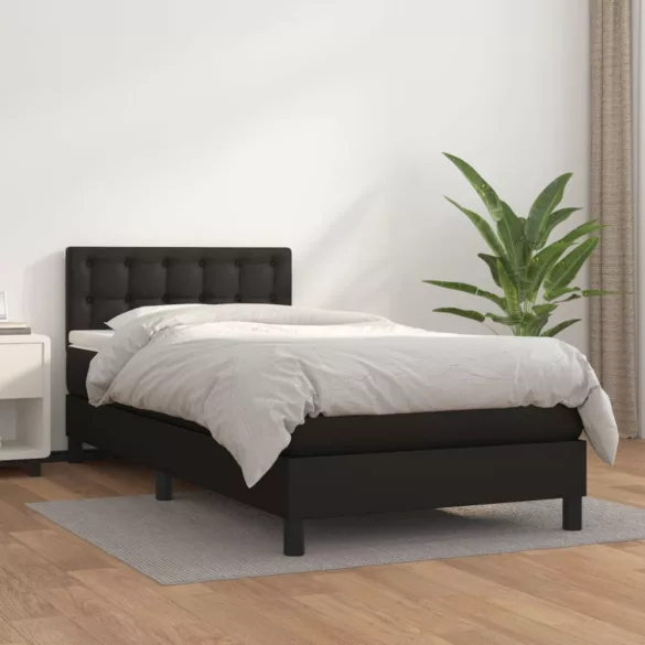 fekete műbőr rugós ágy matraccal 90 x 200 cm