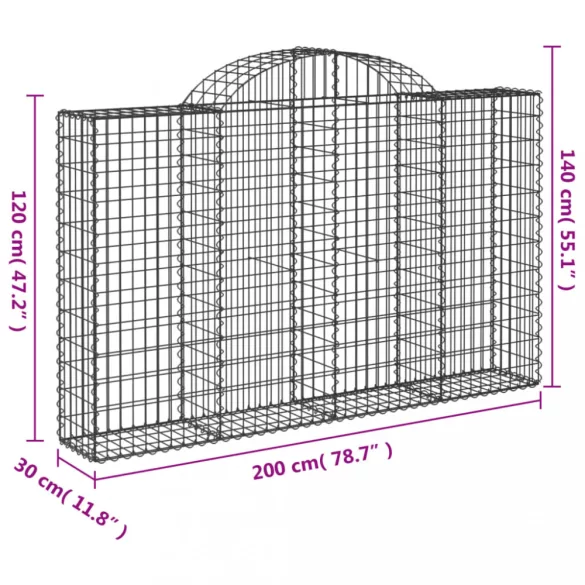 6 db íves horganyzott vas gabion kosár 200x30x120/140 cm