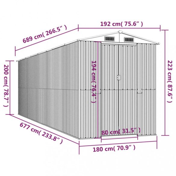 antracitszürke horganyzott acél kerti fészer 192 x 689 x 223 cm