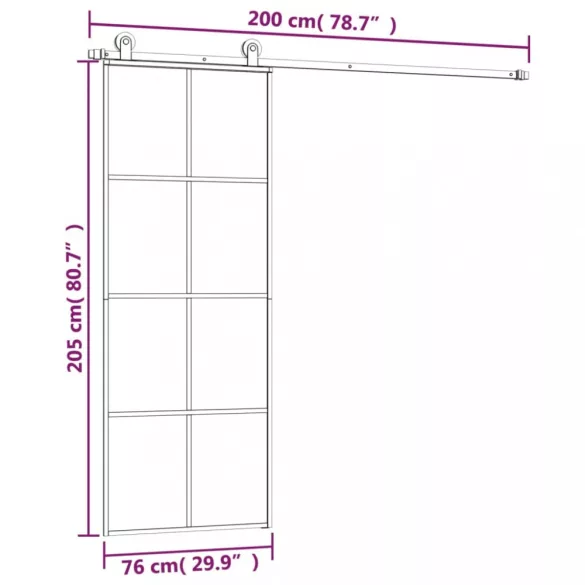 ESG üveg és alumínium tolóajtó fémszerelvény-szettel 76x205 cm