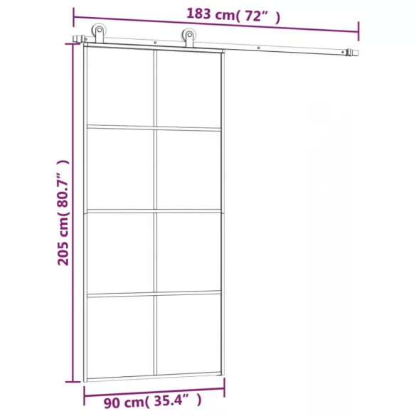 ESG üveg és alumínium tolóajtó fémszerelvény-szettel 90x205 cm