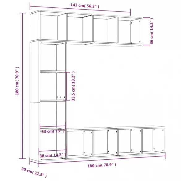 3 részes szürke sonoma fatermék könyv/TV-szekrény 180x30x180 cm