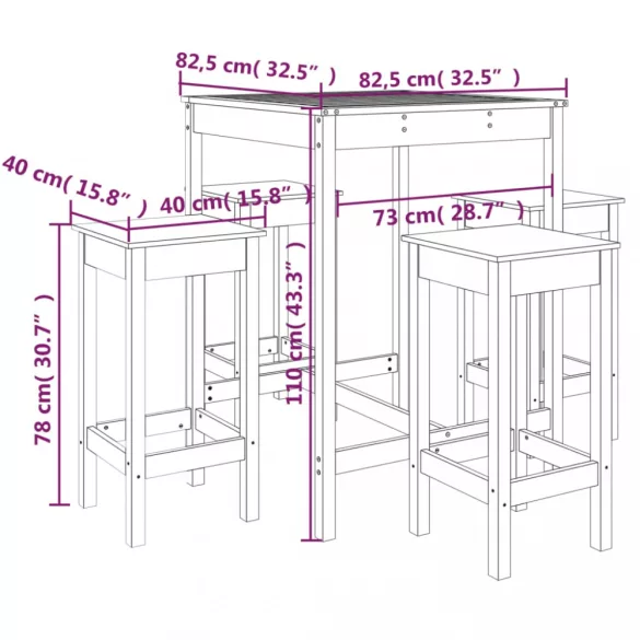 fehér 5 részes tömör fenyőfa kerti bárszett