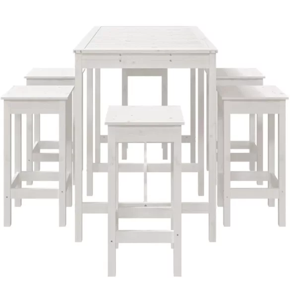 fehér 7 részes tömör fenyőfa kerti bárszett