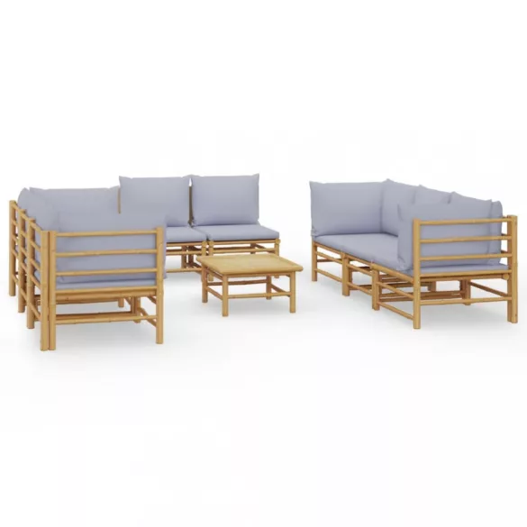 9 részes bambusz kerti ülőgarnitúra világosszürke párnákkal