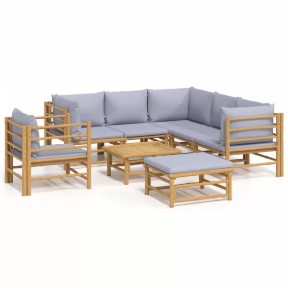 8 részes bambusz kerti ülőgarnitúra világosszürke párnákkal