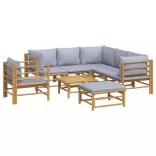 8 részes bambusz kerti ülőgarnitúra világosszürke párnákkal