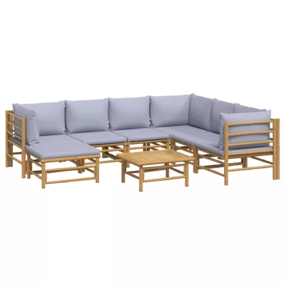 8 részes bambusz kerti ülőgarnitúra világosszürke párnákkal