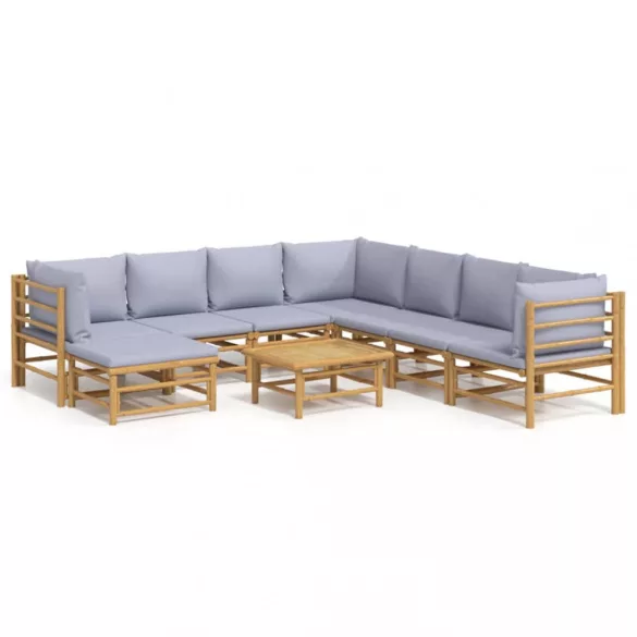 9 részes bambusz kerti ülőgarnitúra világosszürke párnákkal