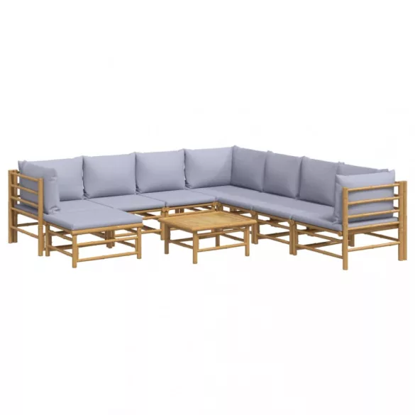 9 részes bambusz kerti ülőgarnitúra világosszürke párnákkal