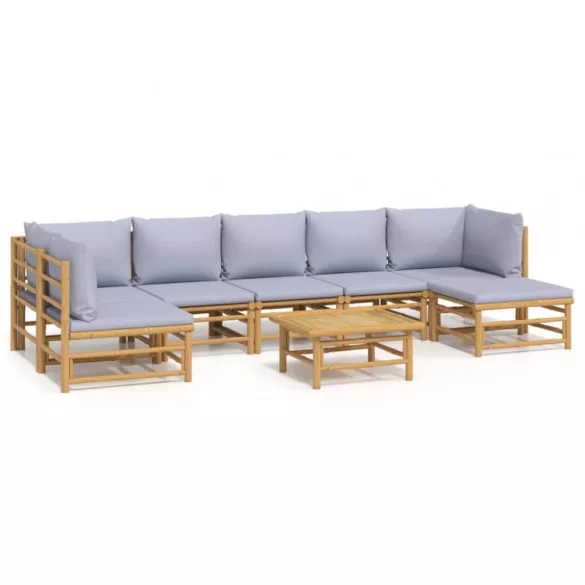 8 részes bambusz kerti ülőgarnitúra világosszürke párnákkal