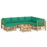 8 részes bambusz kerti ülőgarnitúra zöld párnákkal