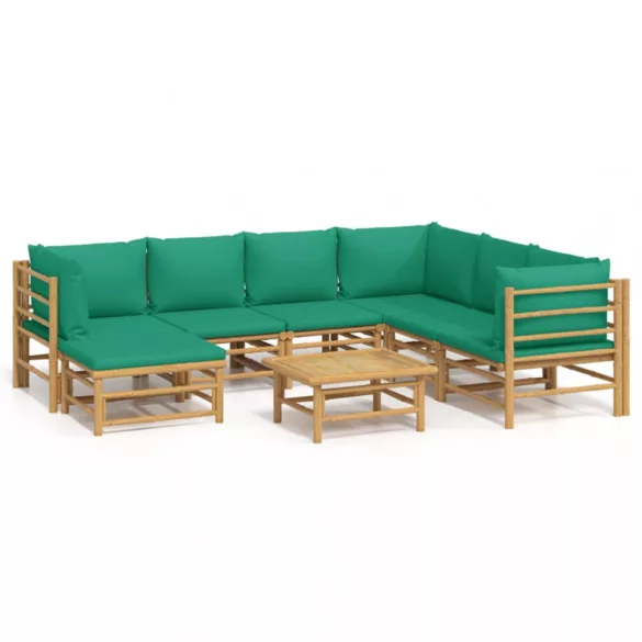 8 részes bambusz kerti ülőgarnitúra zöld párnákkal