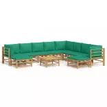 11 részes bambusz kerti ülőgarnitúra zöld párnákkal