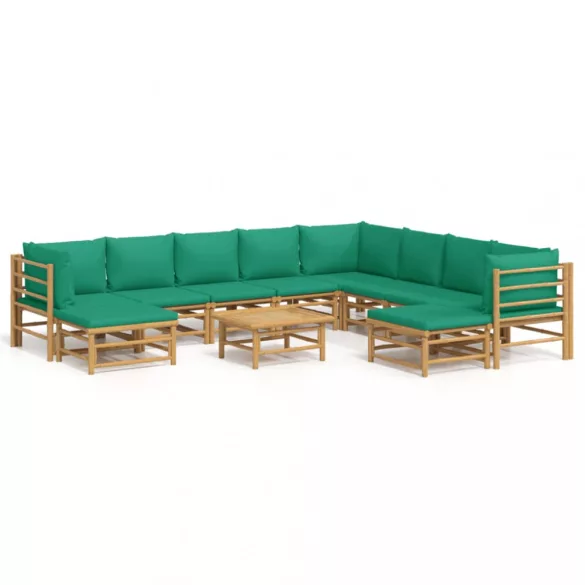 11 részes bambusz kerti ülőgarnitúra zöld párnákkal