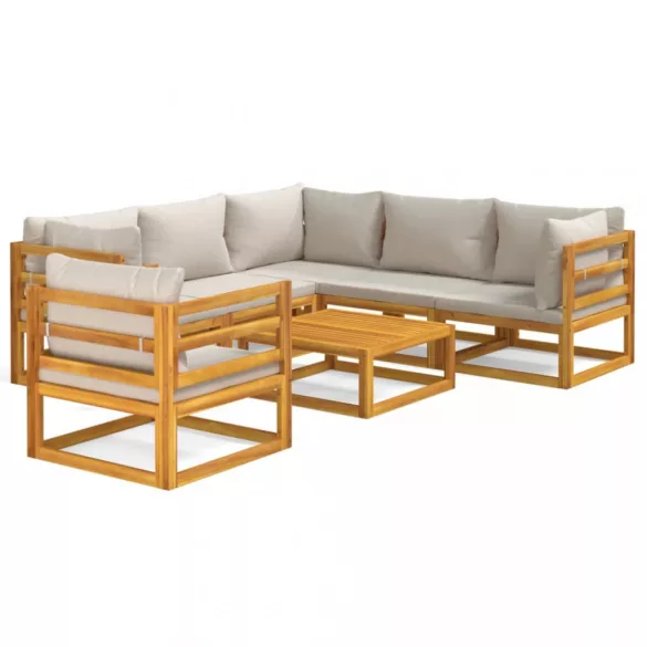 7 részes tömör fa kerti ülőgarnitúra világosszürke párnákkal