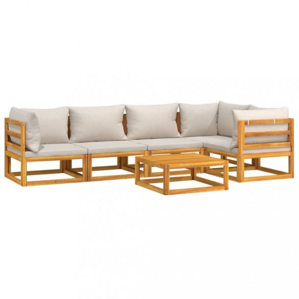 6 részes tömör fa kerti ülőgarnitúra világosszürke párnákkal