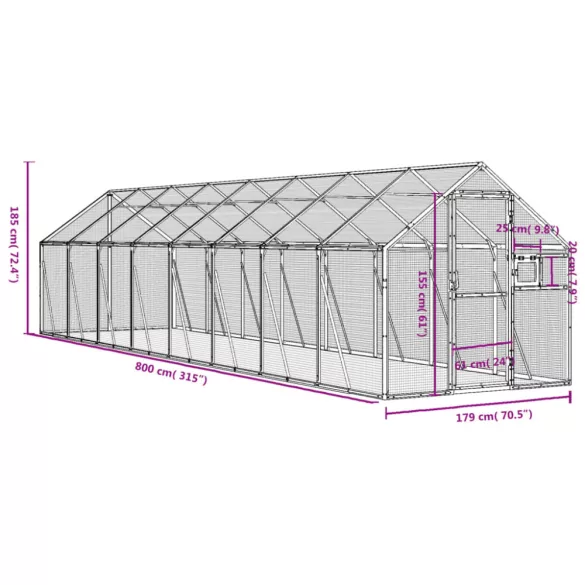 antracit alumínium madárház 1,79 x 8 x 1,85 m
