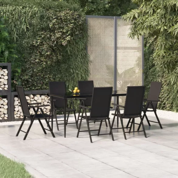 7 részes fekete polyrattan kerti étkezőgarnitúra