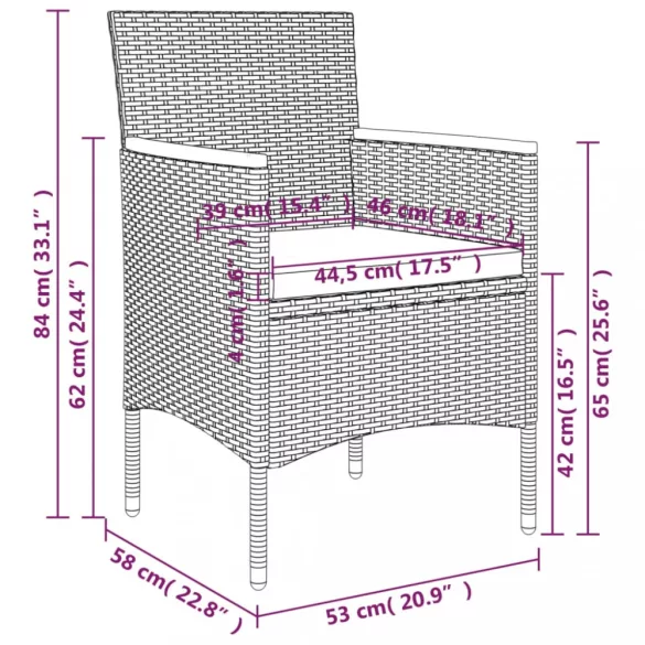 7 részes szürke és fekete kerti étkezőgarnitúra párnákkal