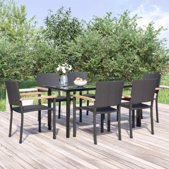 7 részes fekete polyrattan kerti étkezőgarnitúra