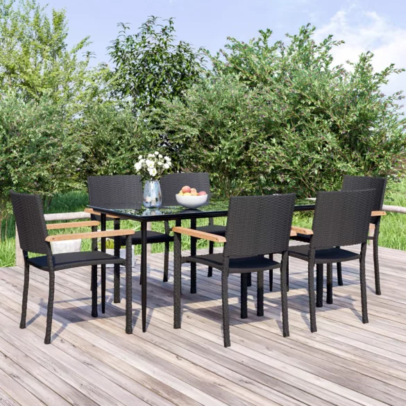 7 részes fekete polyrattan kerti étkezőgarnitúra
